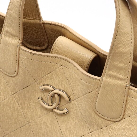Authentic CHANEL CC Caviar Large 2Way Shoulder Tote Bag Chain Beige Leather - Picture 8 of 12